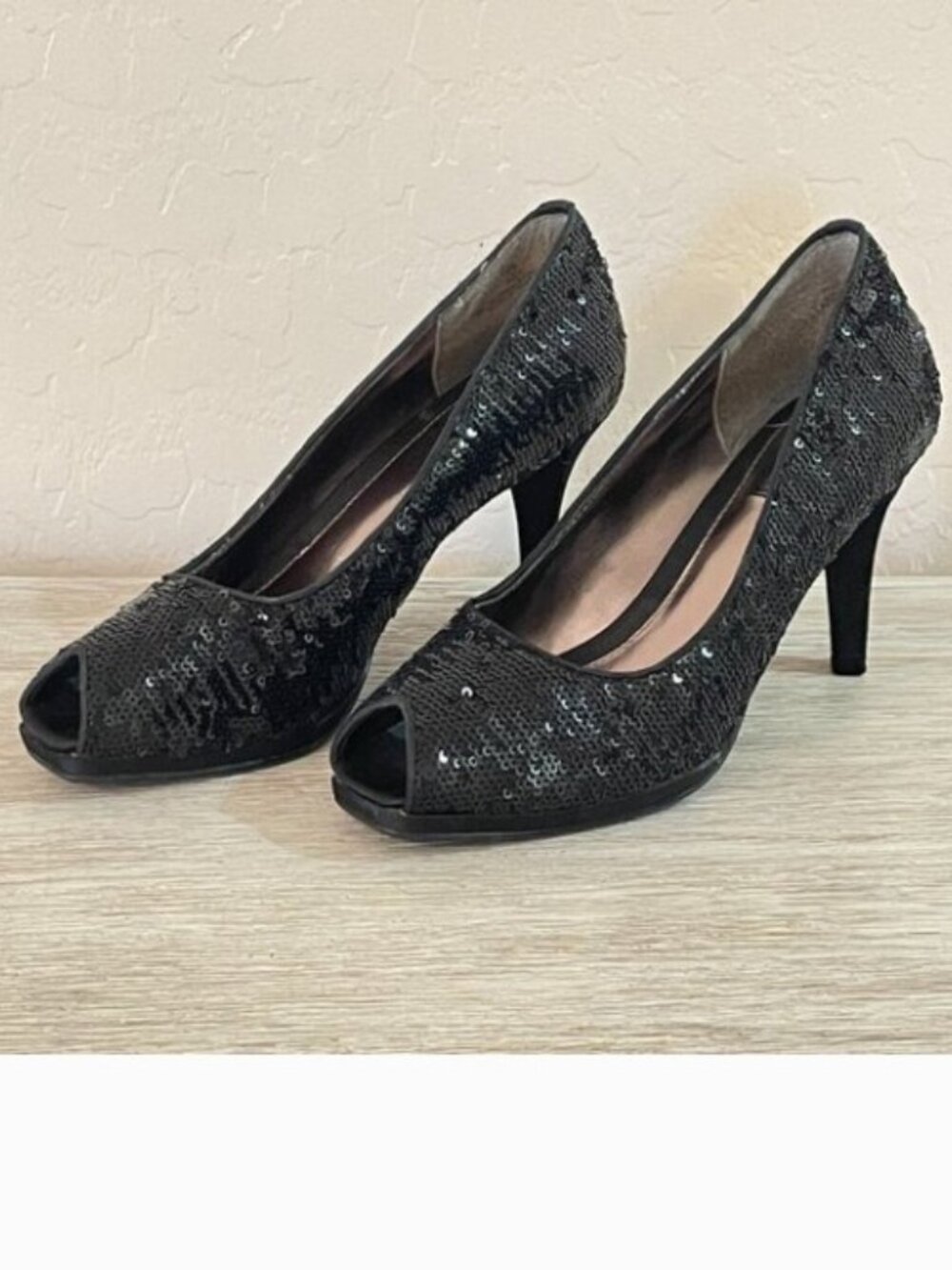 Impo 6 Black Satin Sequin Heels Peeptoe Pumps Dressy Special Occasion